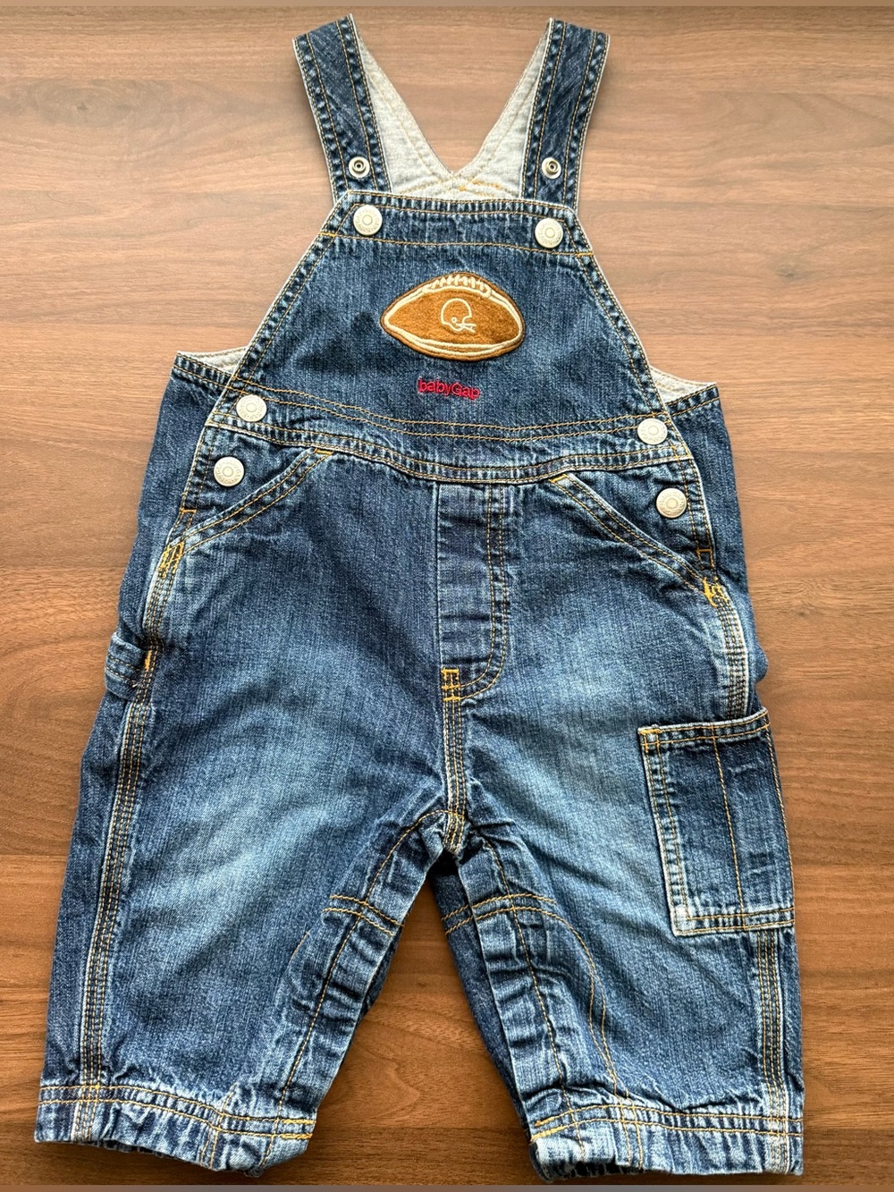 babyGap Football Denim Overalls w Patch Detail 6-12 Months Lined Denim Jumpsuit